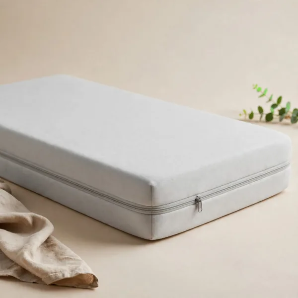 A grey foam mattress with a zip