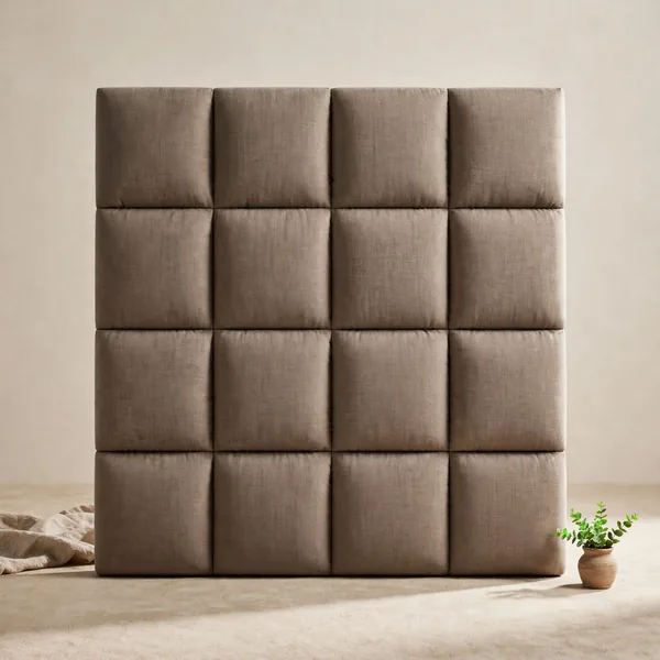 A headboard of square padded blocks