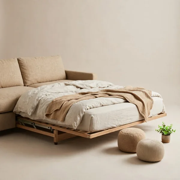A pull-out sofa bed with puffs