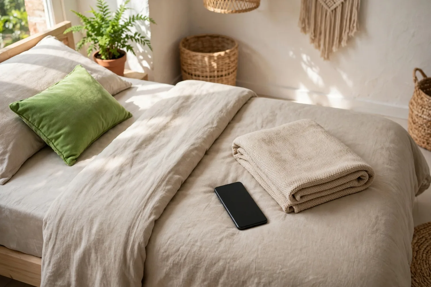 A phone on a made bed