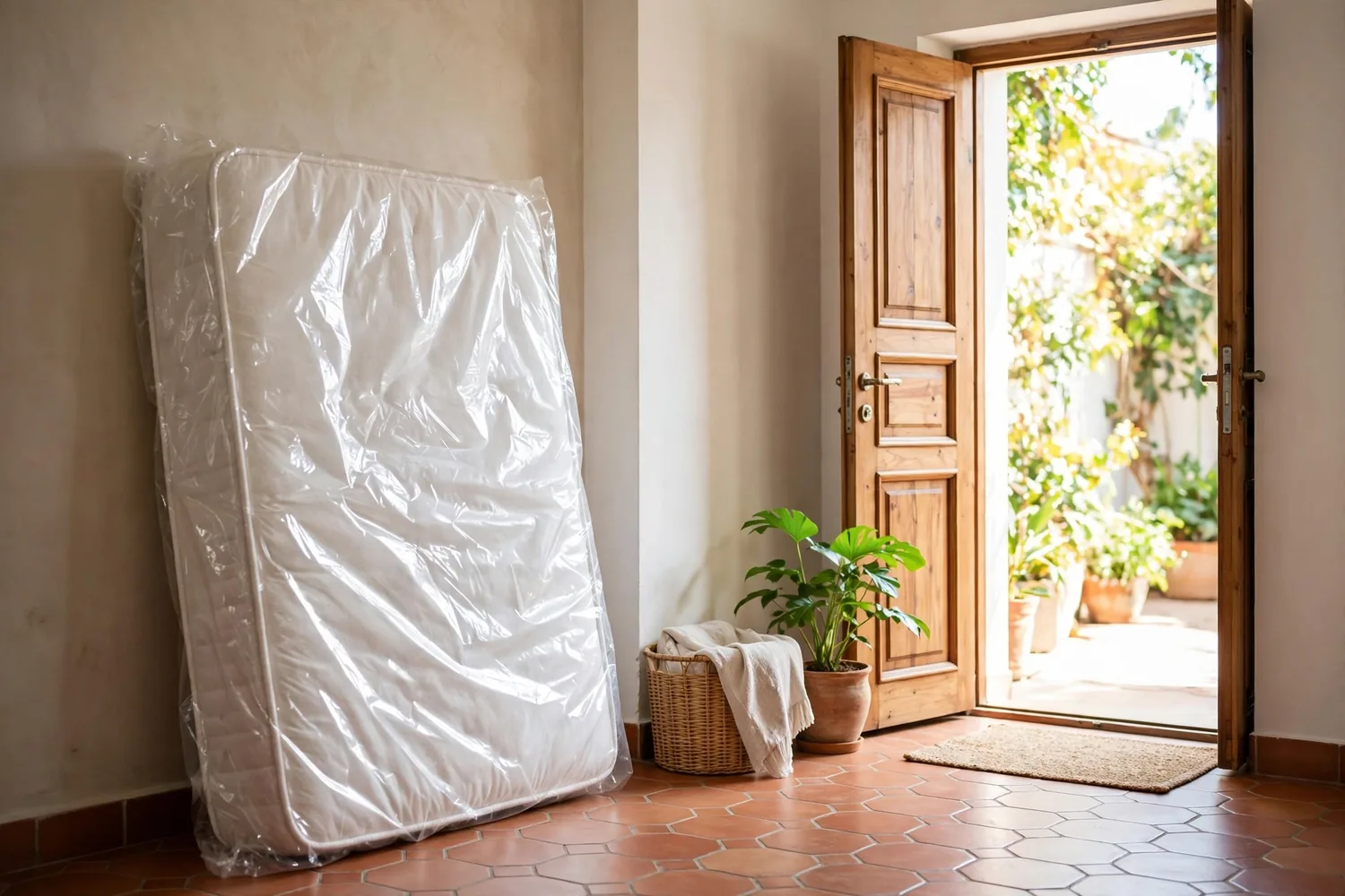 A wrapped mattress by a front door