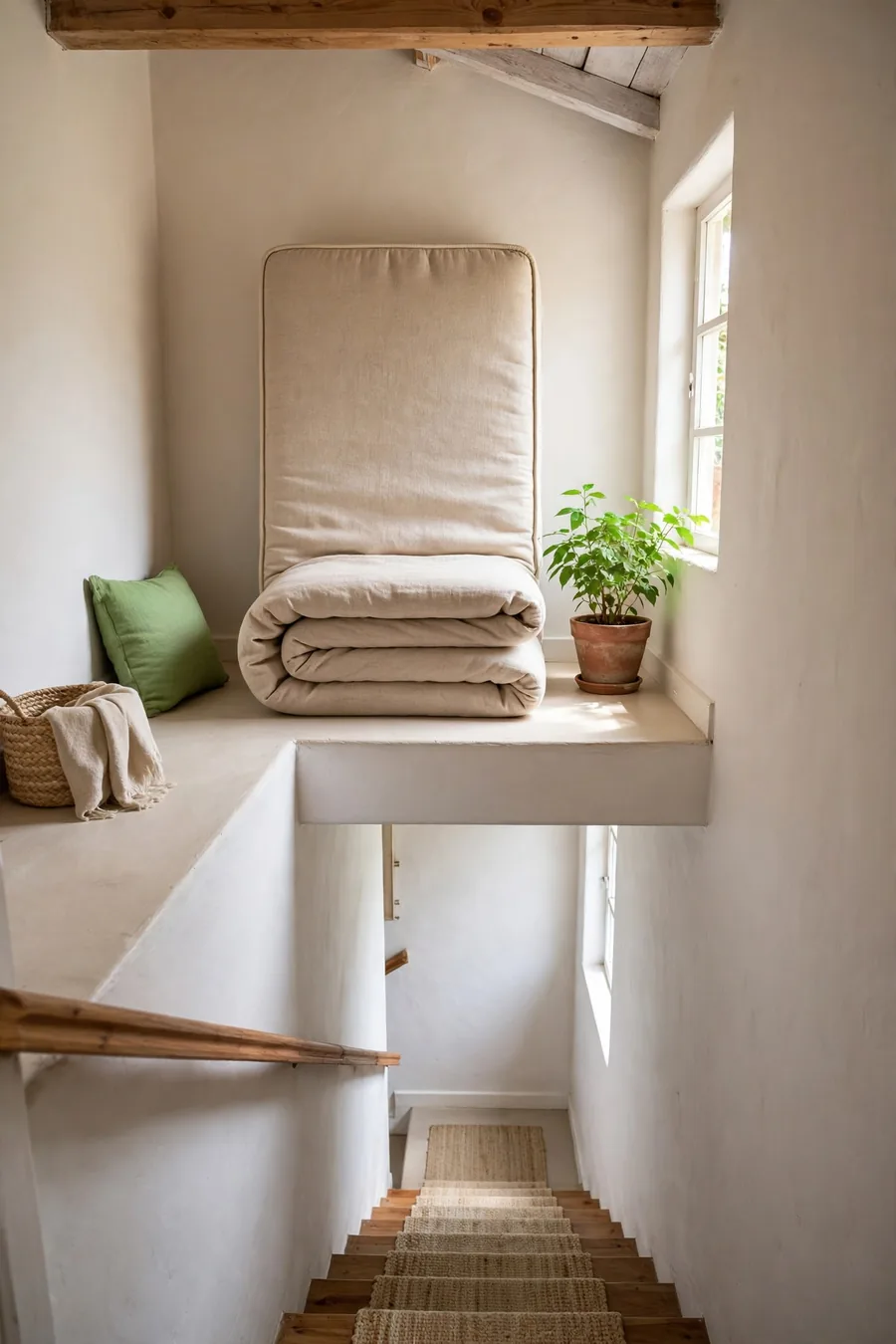 A folded mattress at a staircase