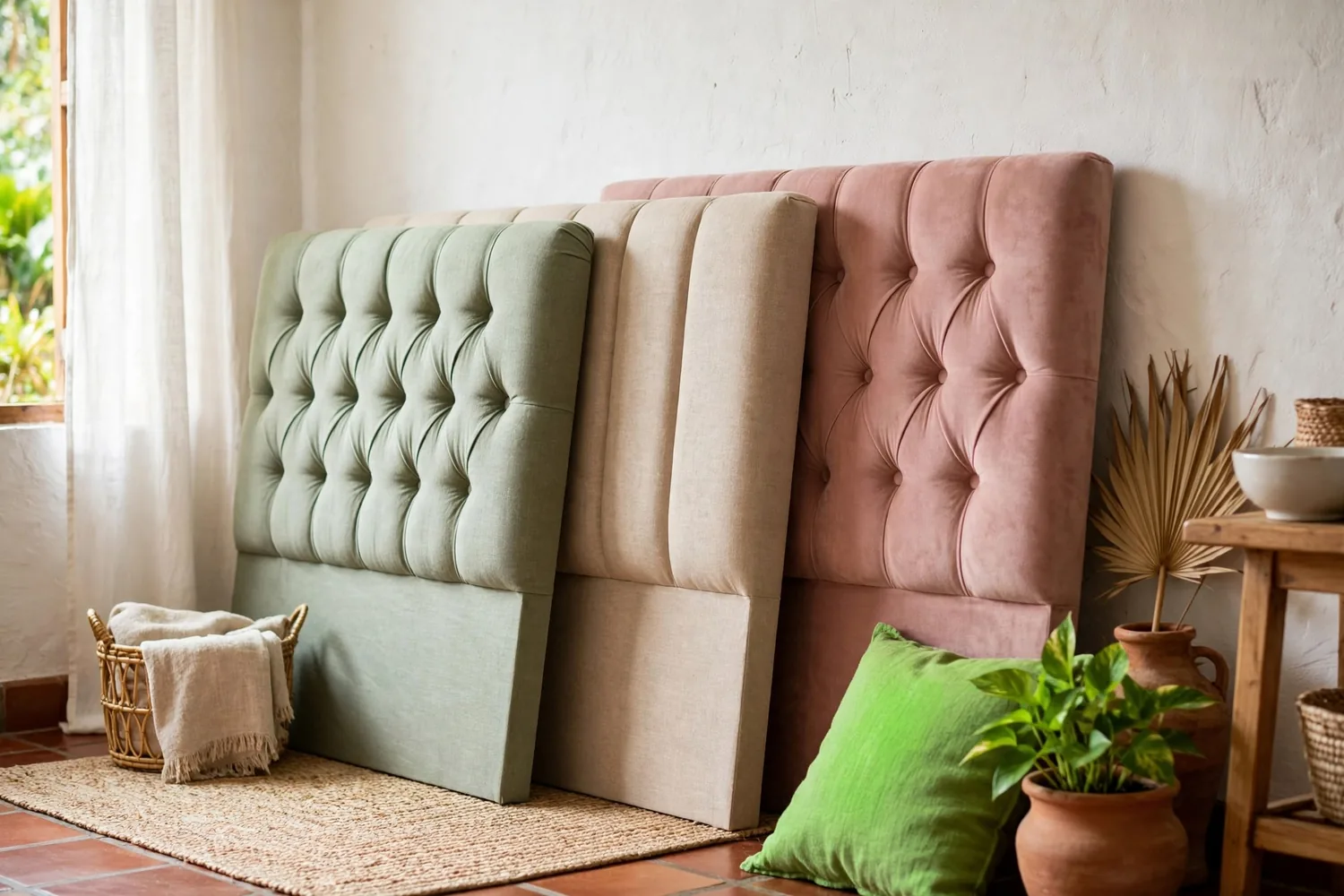 Upholstered headboards on a wall