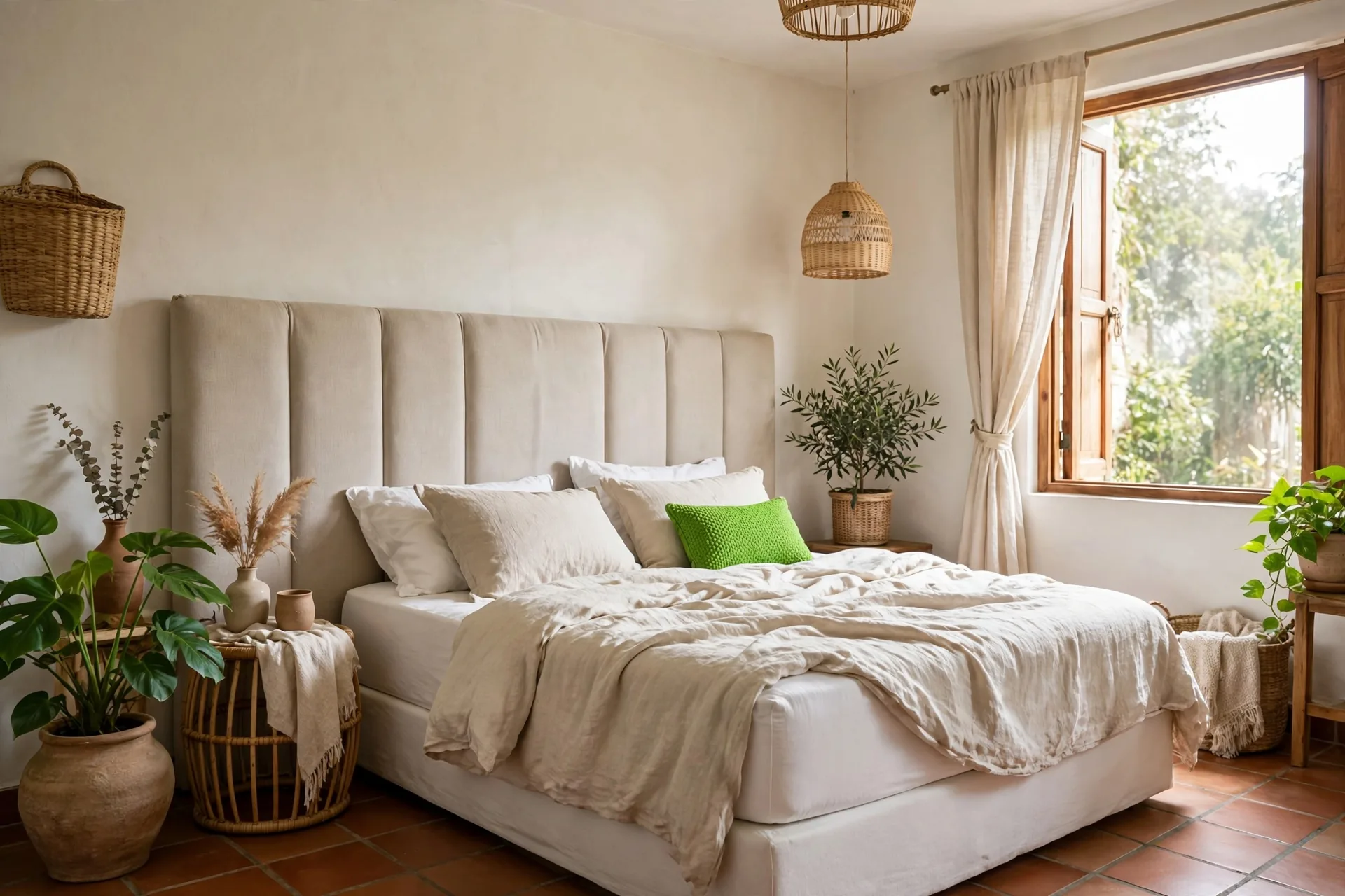 A serene bedroom with a tall mattress
