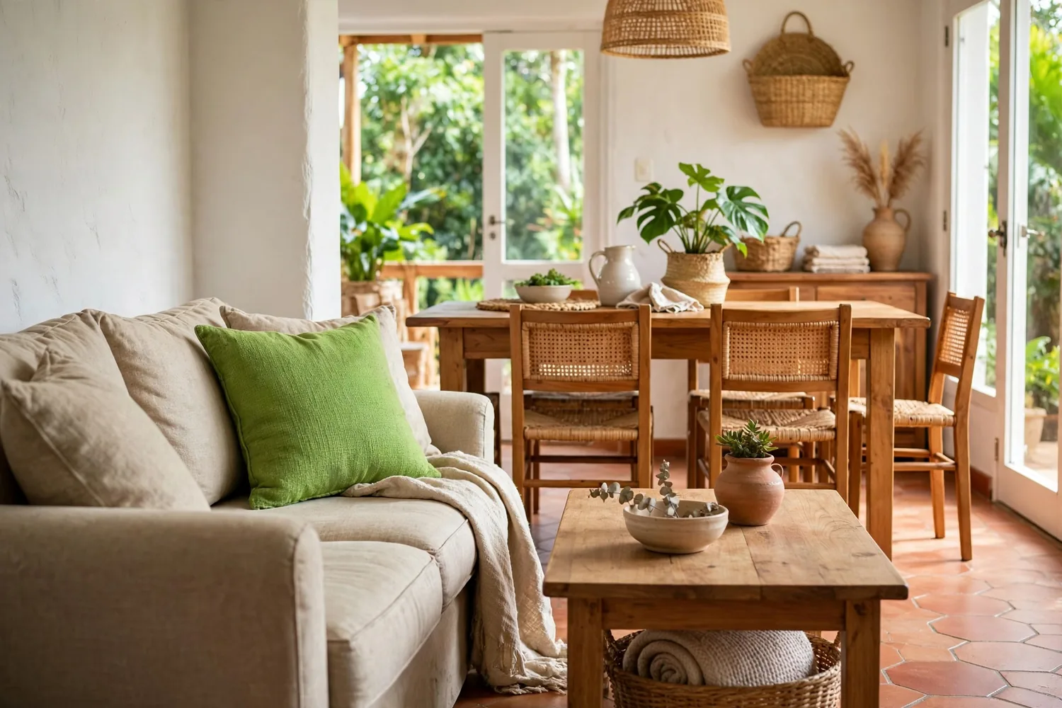 A living room and dining table