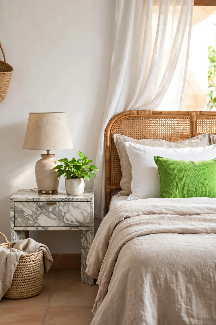 A bedside table with a lamp