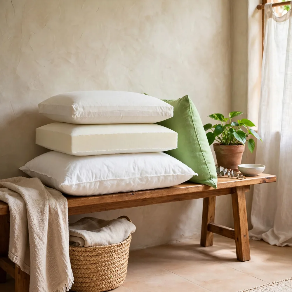 Pillows stacked on a bench