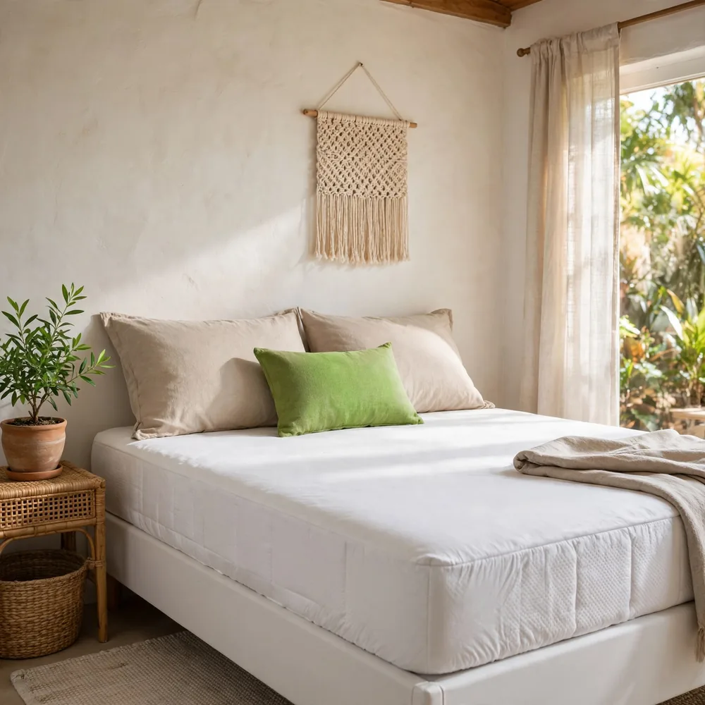 A protector and pillows on a bed