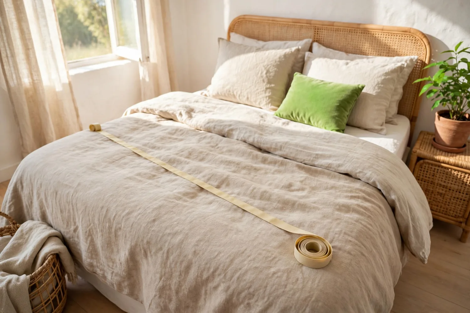 A measuring tape across a mattress