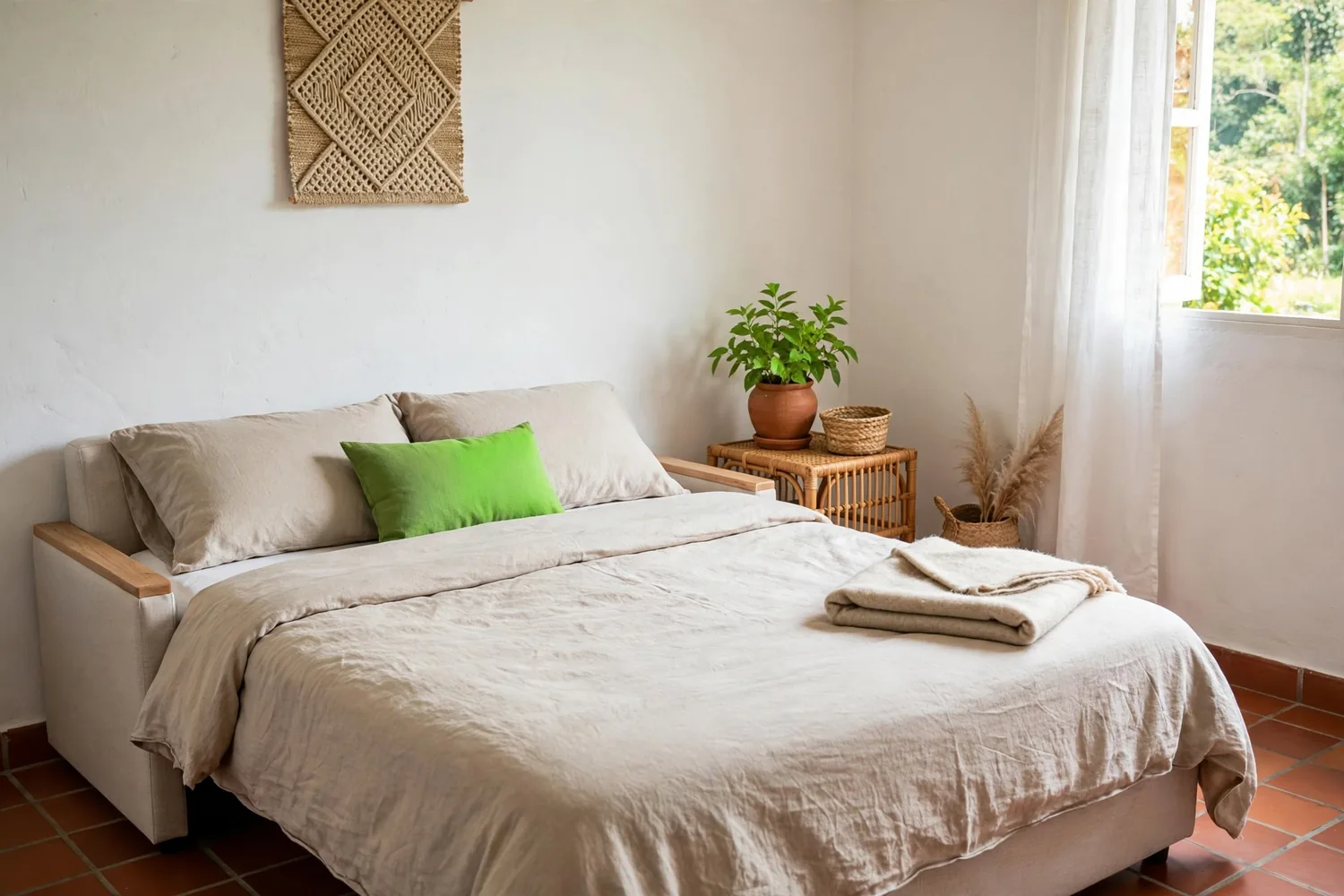 A sofa bed opened in a guest room
