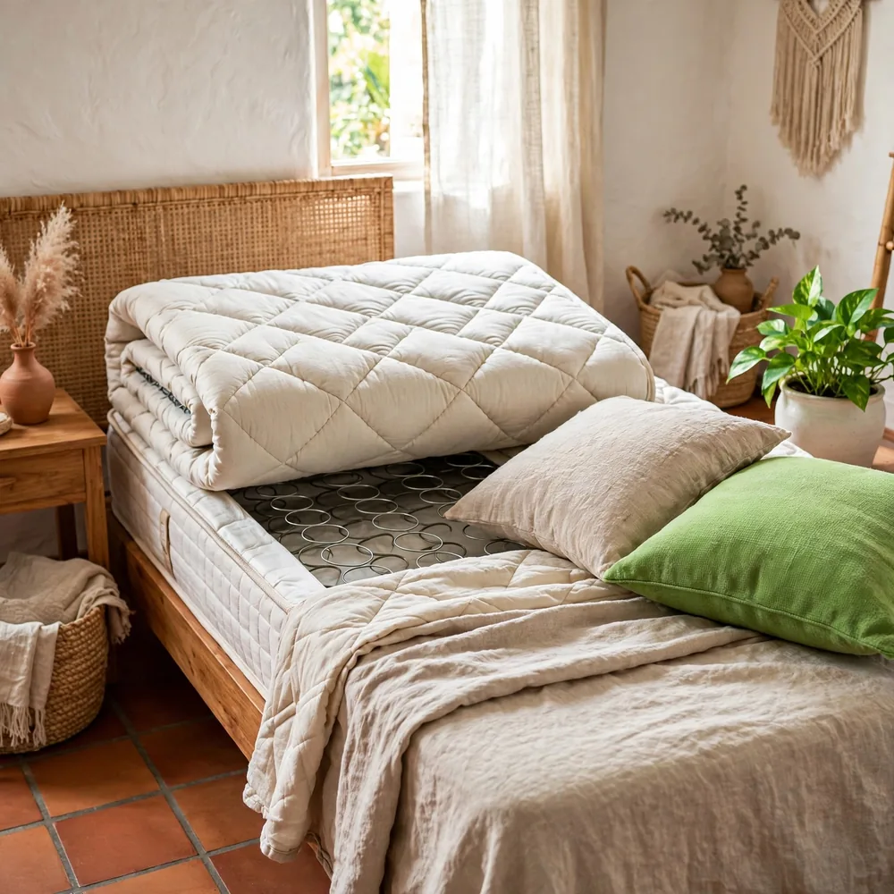 A spring mattress with a quilted top